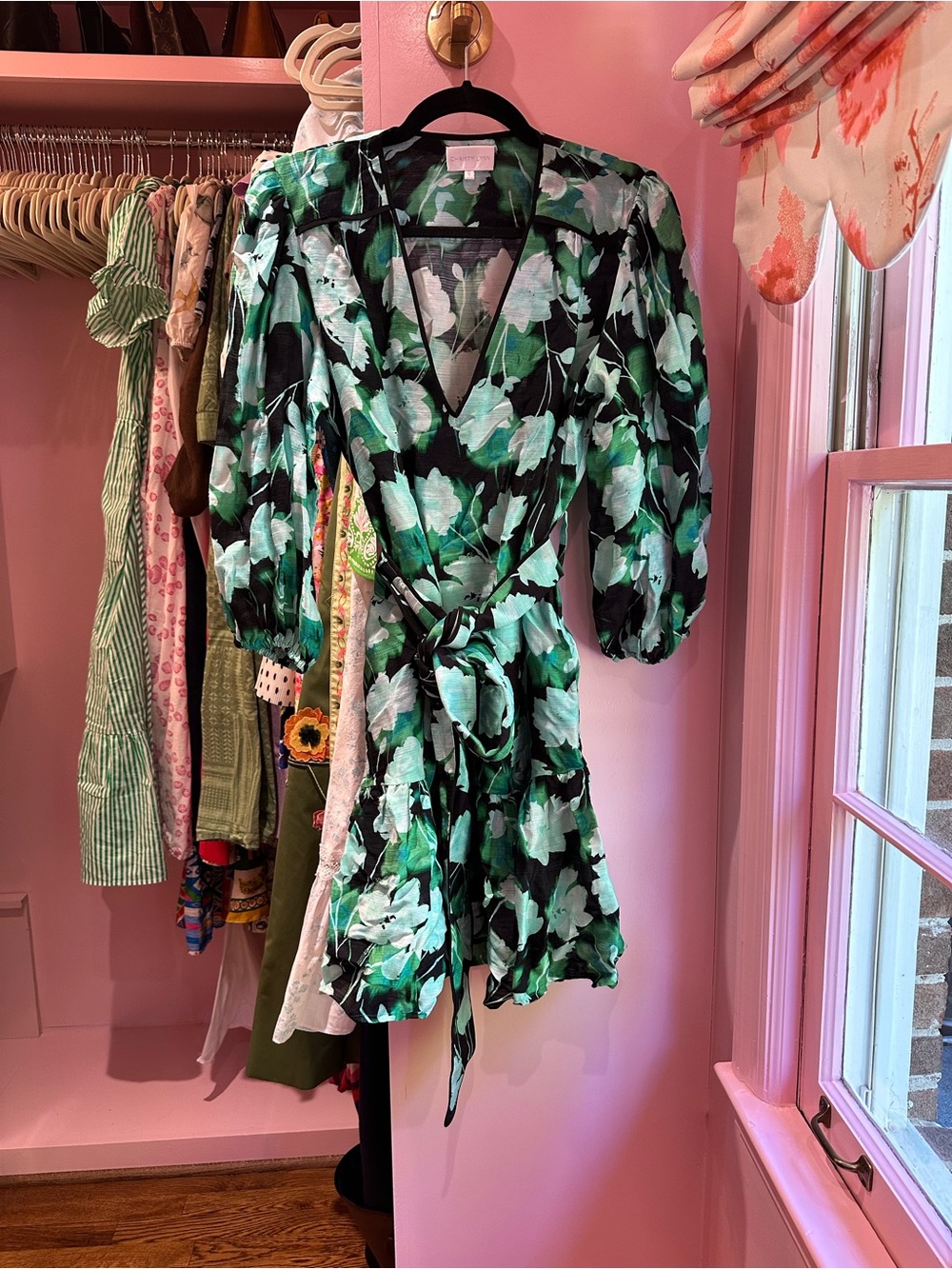 Floral Green Wrap Mini Dress with Puff Sleeves